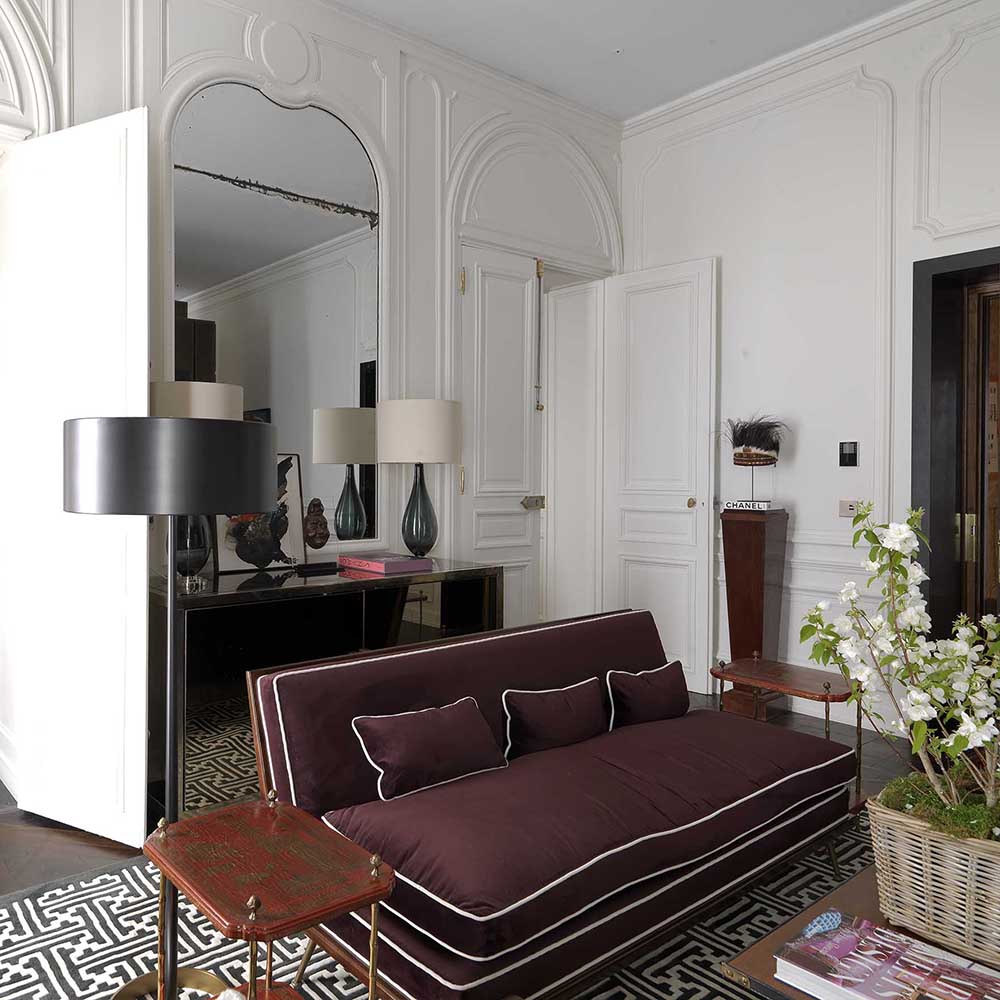 Beverly sofa plum velvet and walnut | Michele Bönan Interiors